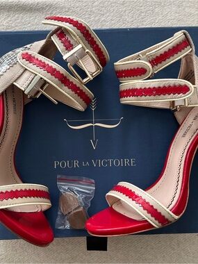 Sandals Pour La Victoire Red and Cream Strappy Patent Leather Heels